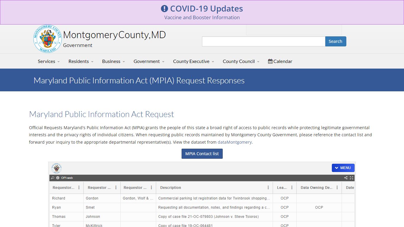 Maryland Public Information Act (MPIA) Request Responses